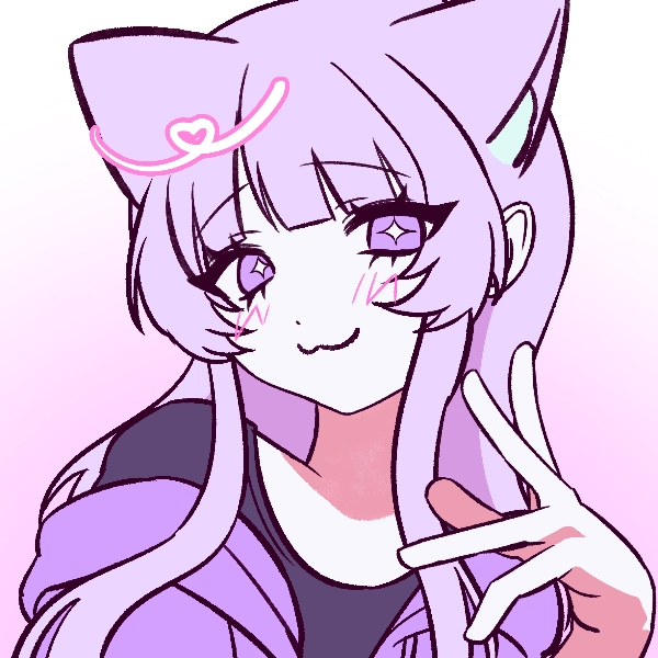an anime-style drawing of a girl with pointy cat ears and long purple hair that flows down past her shoulders. she has big, bright purple eyes with slit pupils and is looking forward with an excited, open-mouthed expression. she’s wearing a simple white collared shirt, and the background is a solid pink with a darker pink curved shape and two small purple stars floating to the left. the art has clean, bold black outlines and a vibrant, flat color palette.