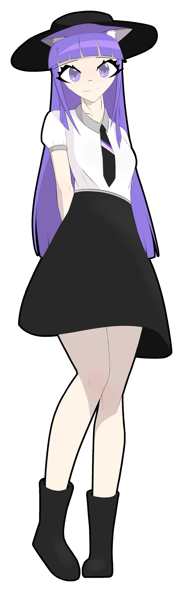 a drawing of an anime-style girl with long purple hair, cat ears, and a black hat, wearing a white shirt with a black tie, a black skirt, and black boots. she has her arms behind her back, and she's looking at the camera. her tie has a sequence of 3 thin stripes in its middle, with the colors purple, pink, and white