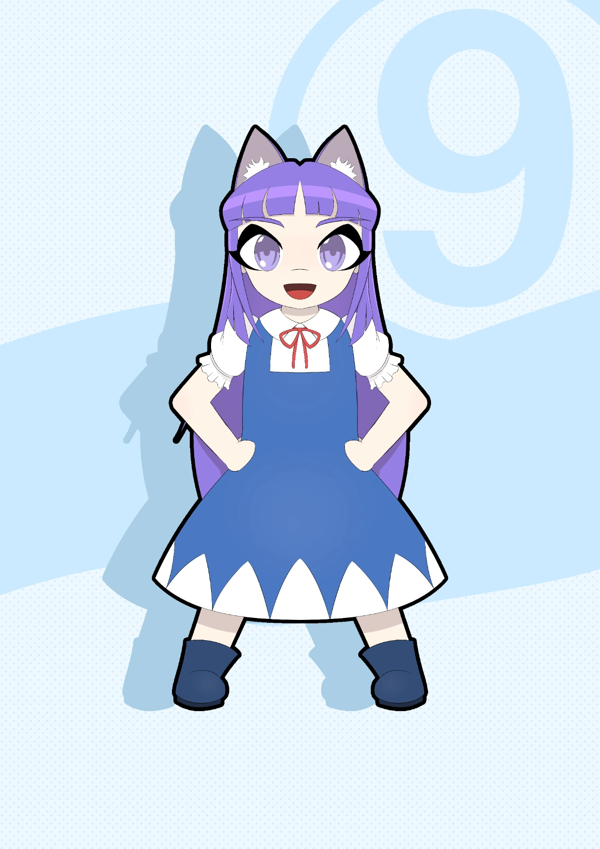 a full-body anime-style drawing of a girl with a happy expression, long purple hair and matching cat ears. she's dressed as the character 'Cirno' from Touhou Project (red western-style bow tie, white blouse, blue jumper dress with a row of white triangles in its hem, white socks, and blue shoes). she has an upright posture with spread legs and her hands on her hips